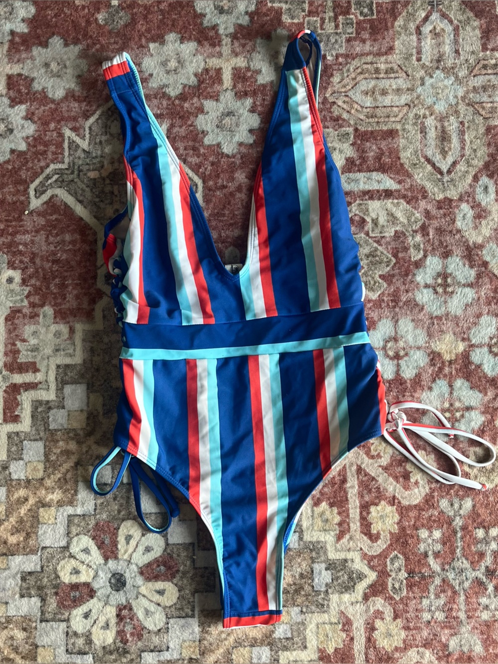 Cupshe 4th of July Blue, Red, White & Aqua Striped One-Piece with Side Braid